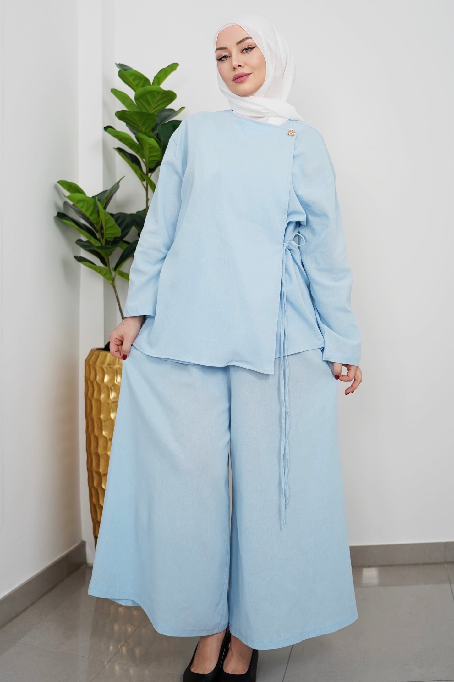 Luftiges Musselin Zweiteiler-Set aus 100% Baumwolle – Tunika & Hose – Babyblau