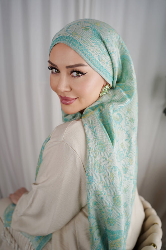 Écharpe Pashmina - Jacquard Paisley - Vert menthe