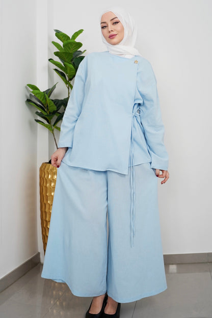 Luftiges Musselin Zweiteiler-Set aus 100% Baumwolle – Tunika & Hose – Babyblau