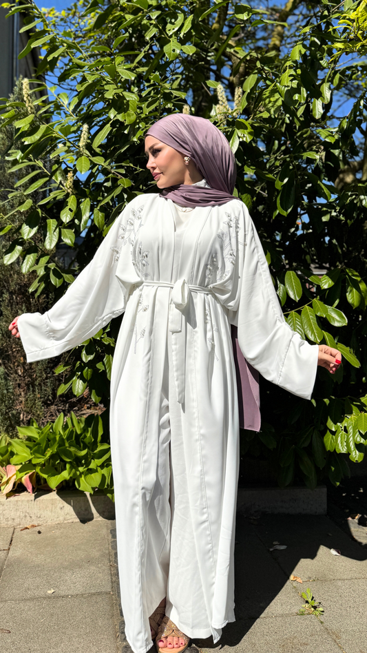 Flora Kimono Abaya mit Gürtel - Weiß