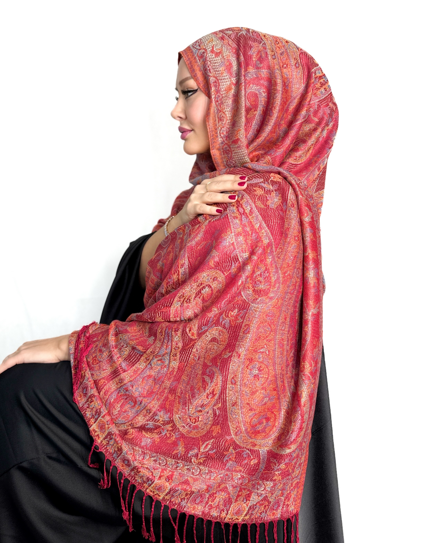 Écharpe Pashmina - Jacquard Paisley - Rouge rubis