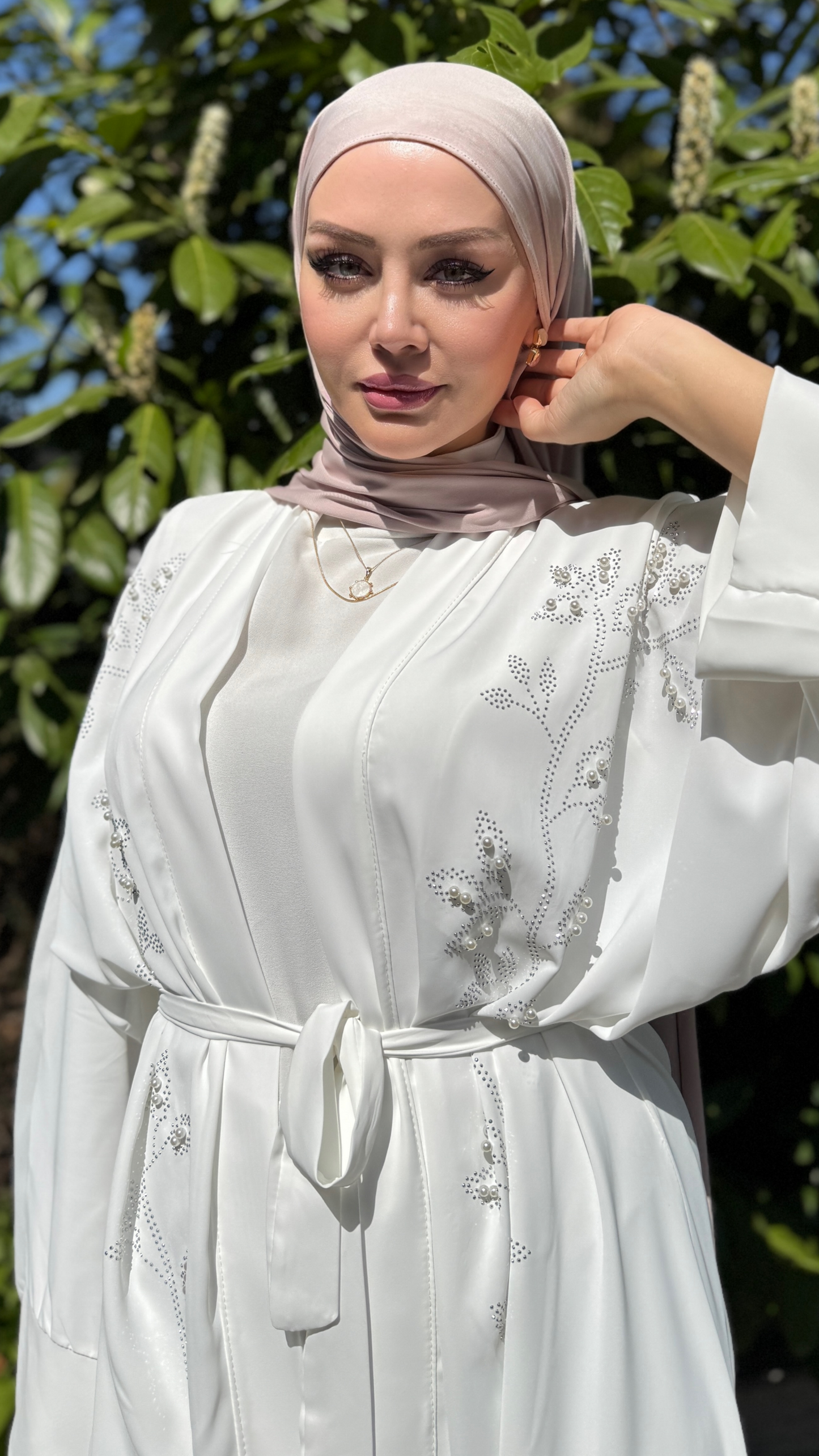 Flora Kimono Abaya mit Gürtel - Weiß